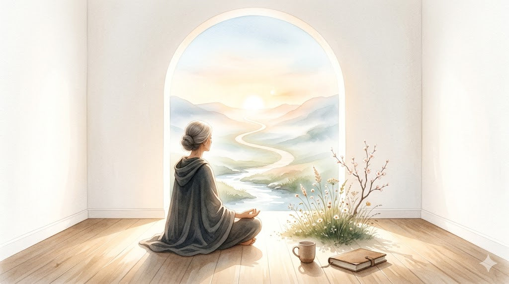 Personne assise face à un chemin lumineux, illustration des blocages inconscients et de l’impression de tourner en rond.