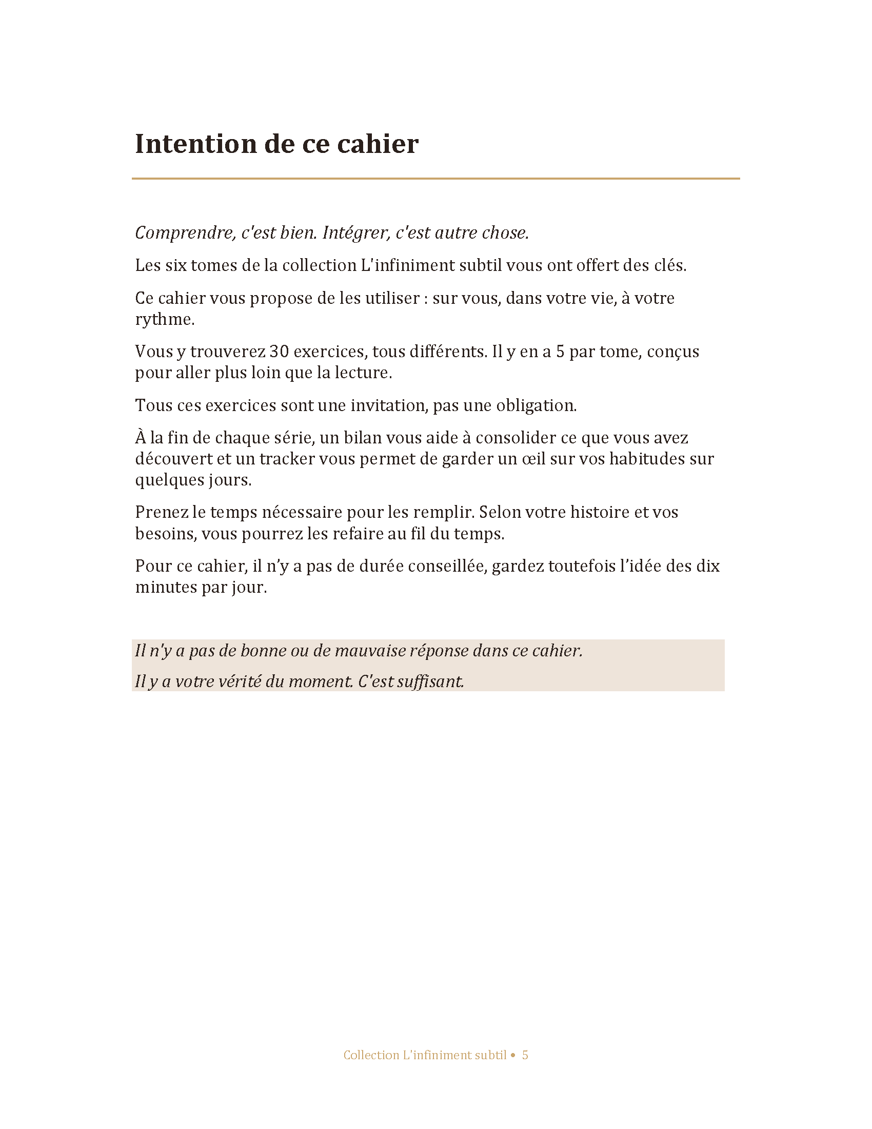 page 5 intentions du cahier d'exercices collection l'infiniment subtil Éditions Éliane Sullice