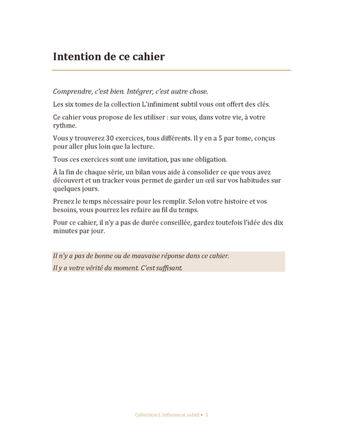 page 5 intentions du cahier d'exercices collection l'infiniment subtil Éditions Éliane Sullice