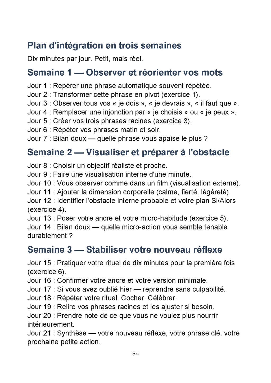 Plan d'intégration sur 21 jours du Tome 2, structuré en trois semaines : observer et réorienter ses mots, visualiser et préparer à l'obstacle, stabiliser son nouveau réflexe.